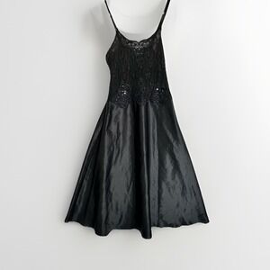 VTG Cinema Etoile Nightgown Slip Dress Black Beaded Lace Satin Feel Chemise Sz M